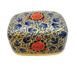 Vintage Indian Kashmiri Papier Mache Hand Painted Lacquer Floral Trinket Box